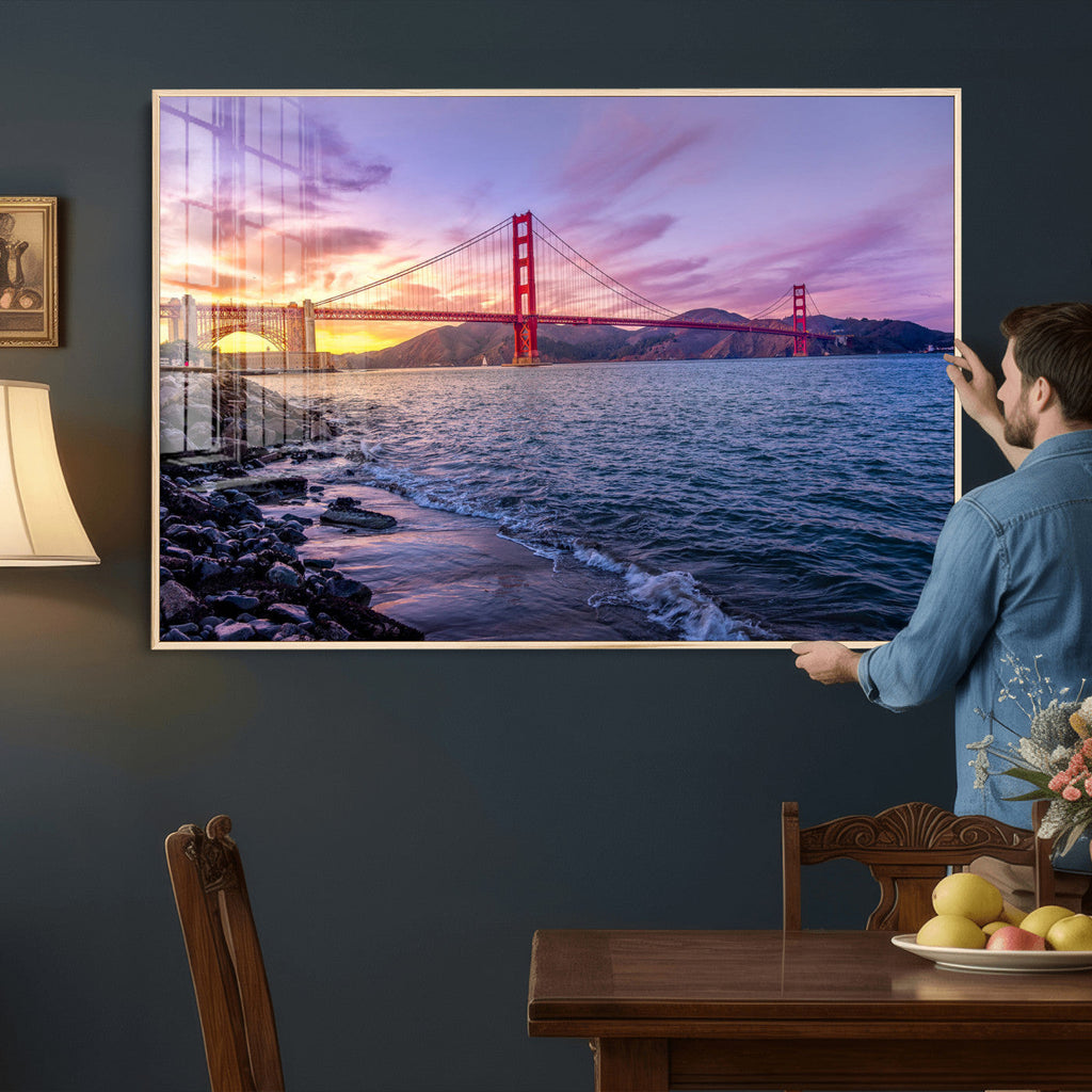 Golden Gate Bridge Wall Art Canvas Print, Framed San Francisco Sunset Landmark