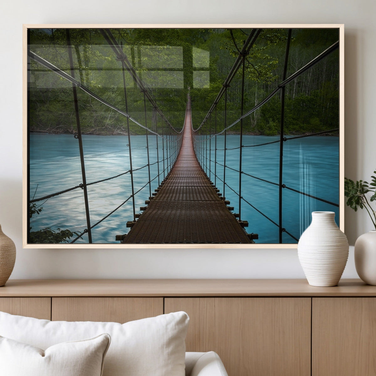 Suspension Bridge Over River Canvas Art | 3-Panel Nature Wall Art