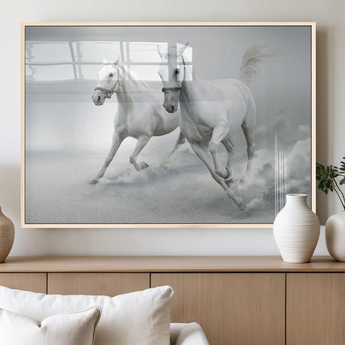 Large Wall Art Canvas Print, Beautiful Running White Horses