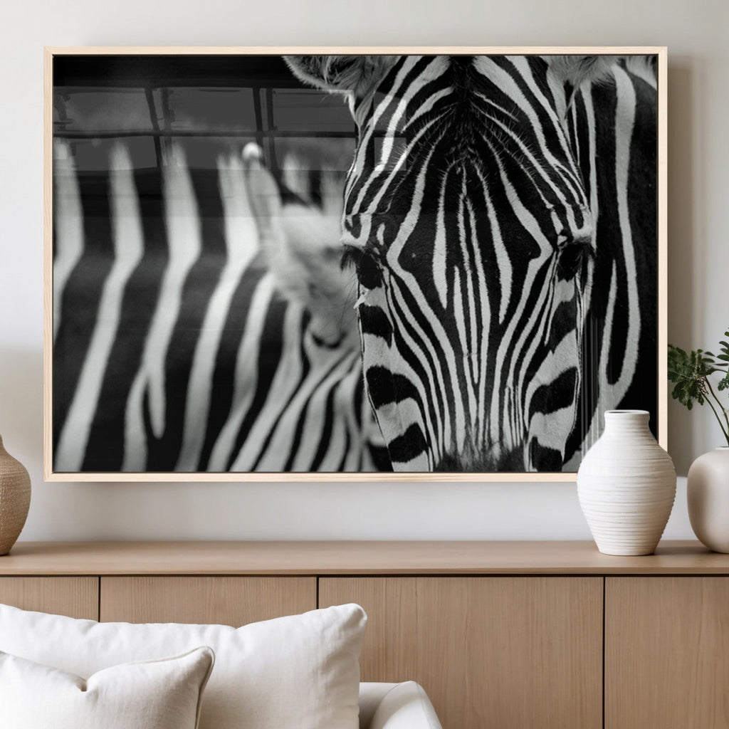 Zebra Wall Art | Zebra Close Up Canvas Print | Framed Black and White Wildlife