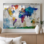 Navy Blue and Orange Watercolor World Map Canvas Print | Framed Travel Map