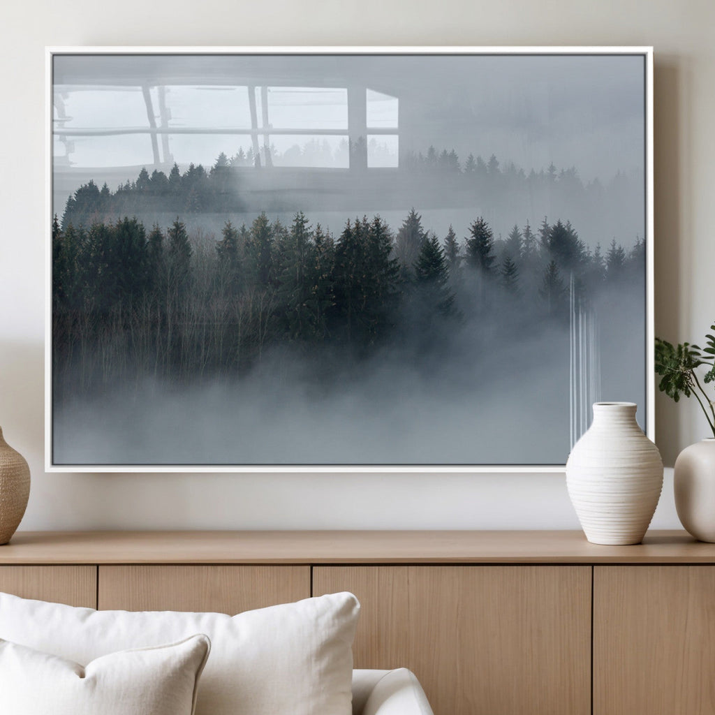 Autumn and Misty Trees in the Forest Wall Art Canvas Print, Foggy Forest Mountain Wall Art