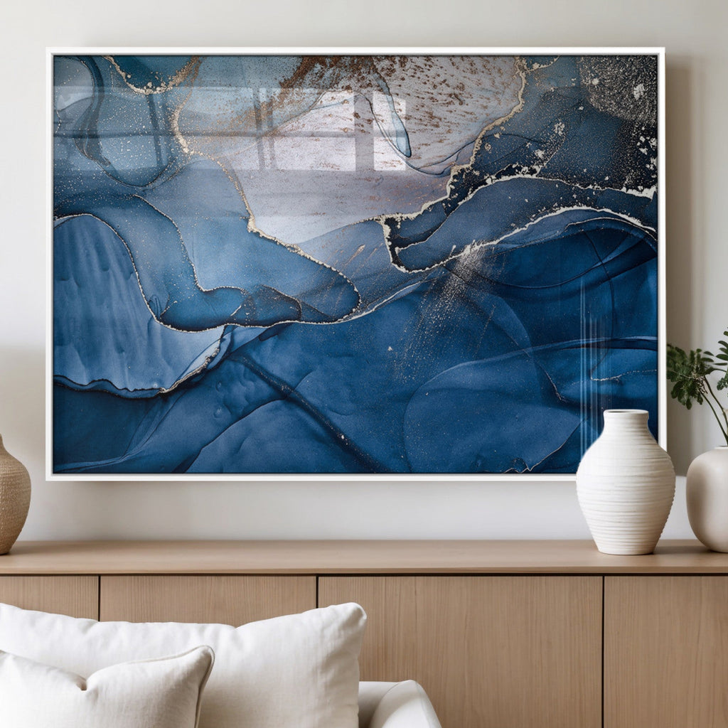 Navy Blue Canvas Art Abstract Print | Elegant Triptych Modern Art