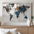 Abstract Earth Tone Blue World Map Canvas Print | Framed Travel Map Wall Art