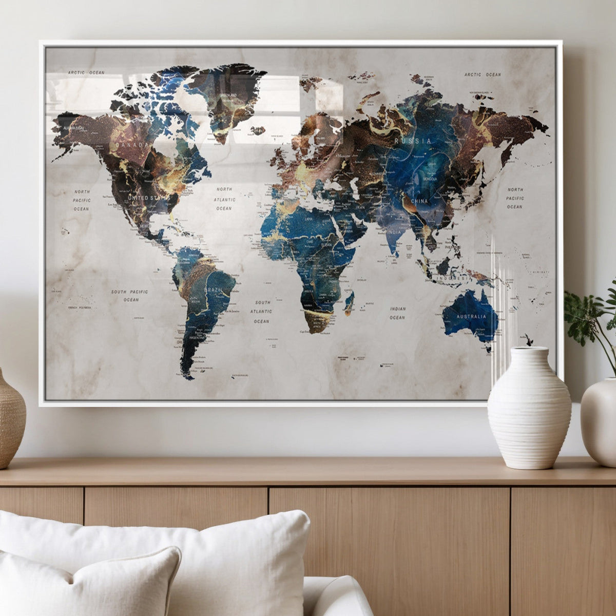 Abstract Earth Tone Blue World Map Canvas Print | Framed Travel Map Wall Art