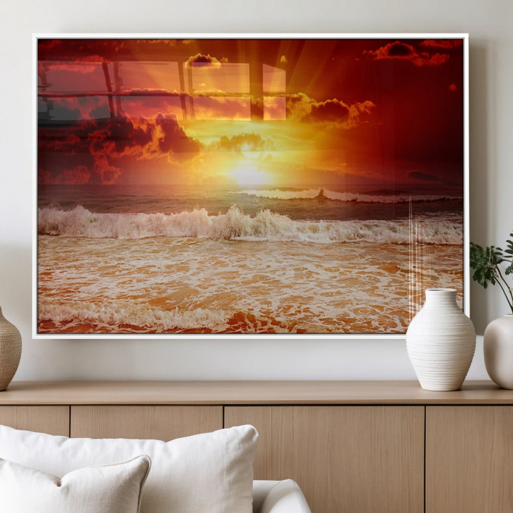 Red Sunset Ocean Beach Canvas Wall Art, Coastal Sunset Print