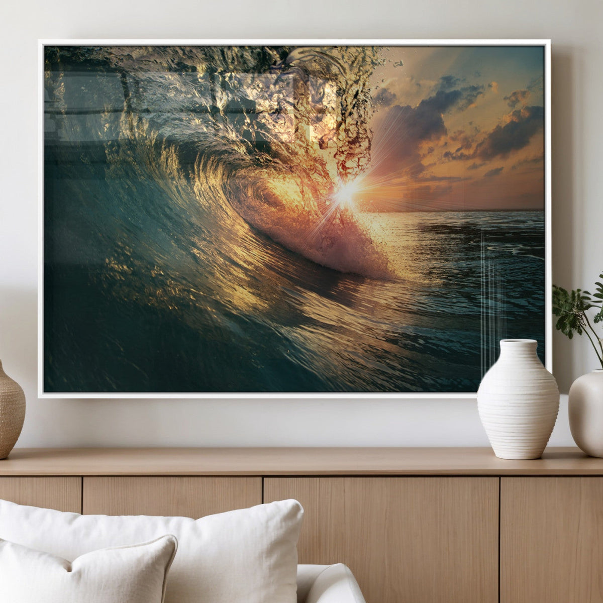 Ocean Wave Sunset Canvas Wall Art | Triptych Seascape Print