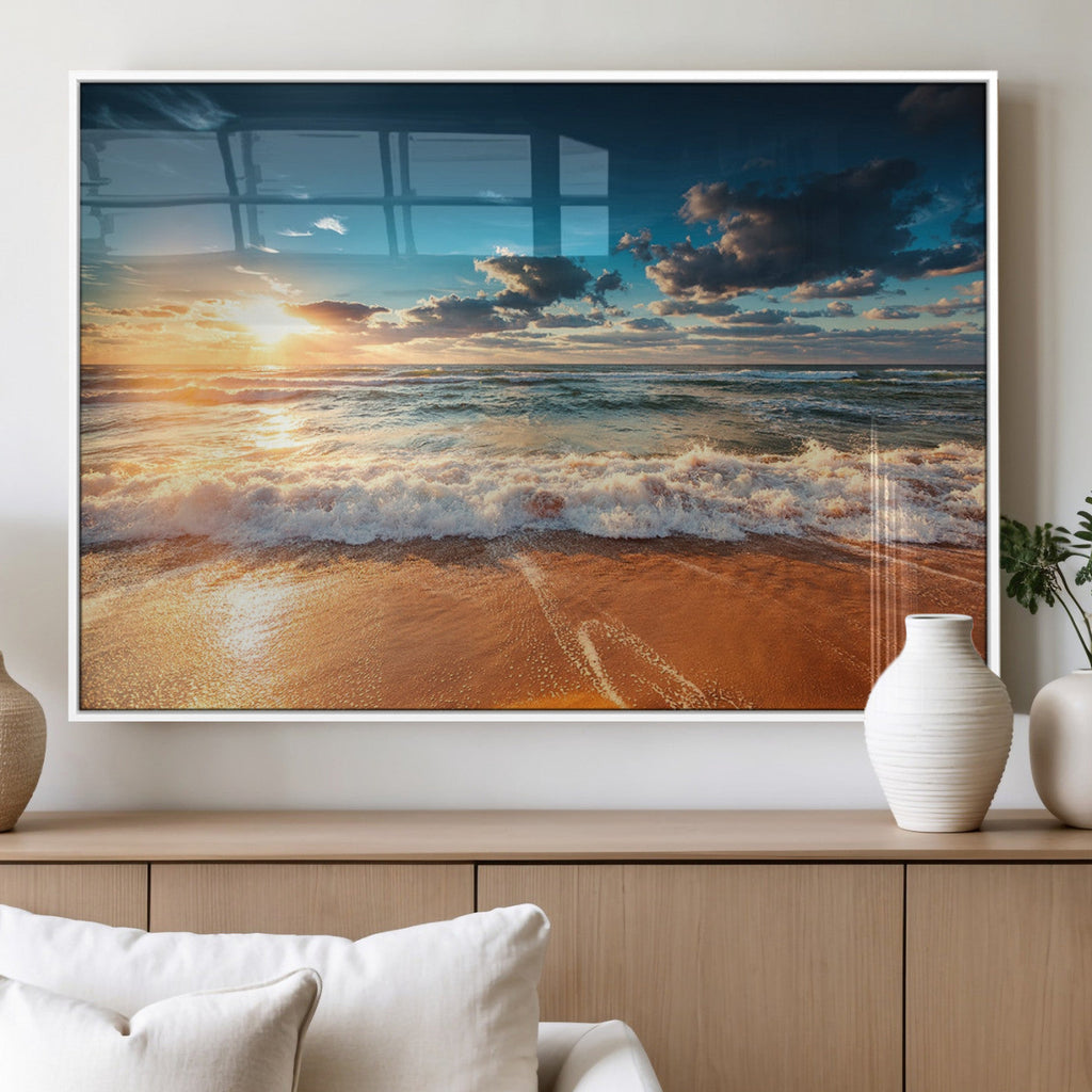 Golden Sunset Beach Triptych Canvas Art, Giclee Coastal Wall Decor, Ocean Waves Print