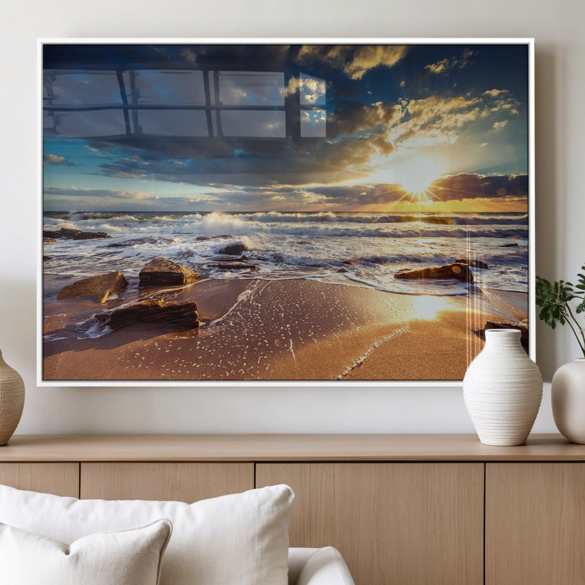 Golden Hour Beach Sunset Canvas Triptych, Ocean Waves and Rocks Wall Art