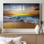 Golden Sunset Ocean Waves Wall Art Canvas Print | Multi Panel Beach Canvas Set, Coastal Triptych