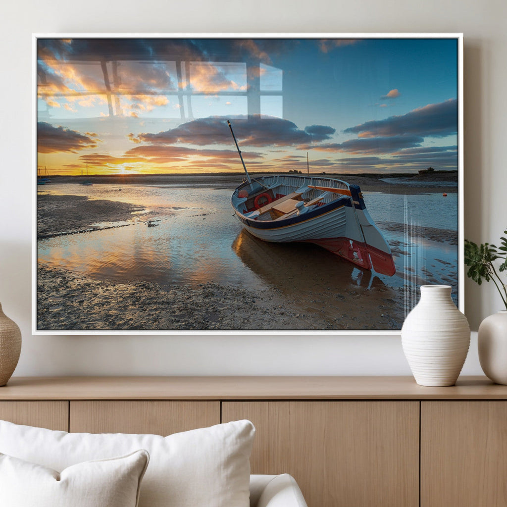 Small Boat At The Beach Sunset Wall Art, Boat Sunset Wall Art Canvas Print