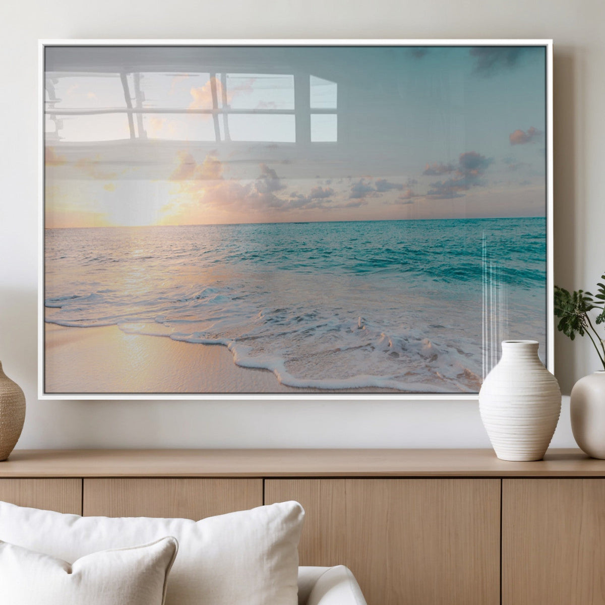Tranquil Ocean Beach Sunset Canvas Wall Art | 3-Panel Coastal Decor