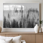 Forest Wall Art Print | Foggy Pine Forest Canvas Wall Art, Black and White Nature Decor