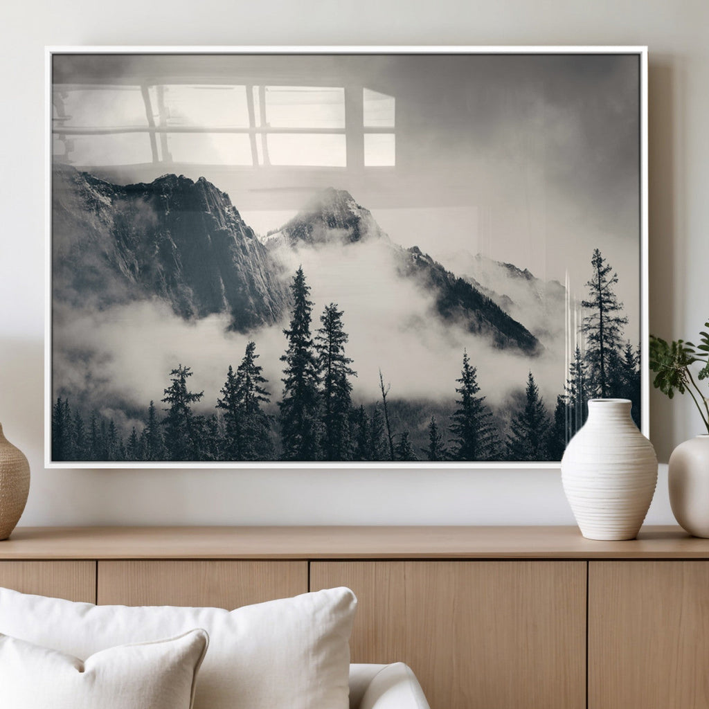 Forest Mountain Print | Black and White Canvas Wall Art with Misty Forest Design