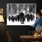 Bison Herd in Snow Wall Art Canvas Print | Rustic Western Bison Wall Art for Living Room and Farmhouse Decor