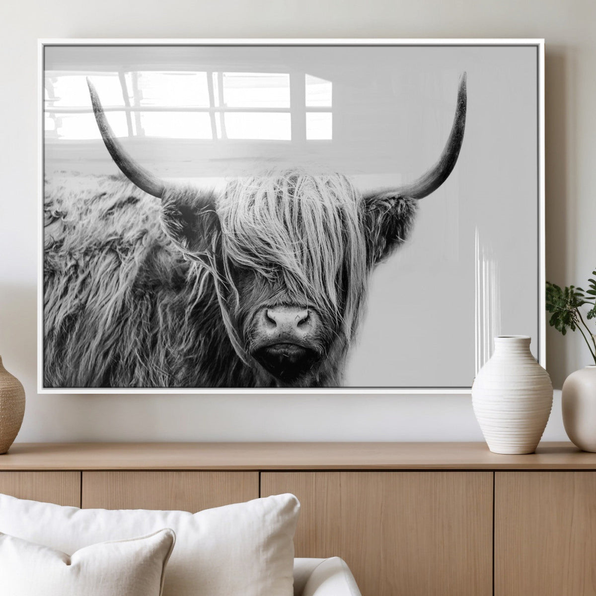 Black White Scottish Highland Cow Cattle Art Print Farmhouse Decor