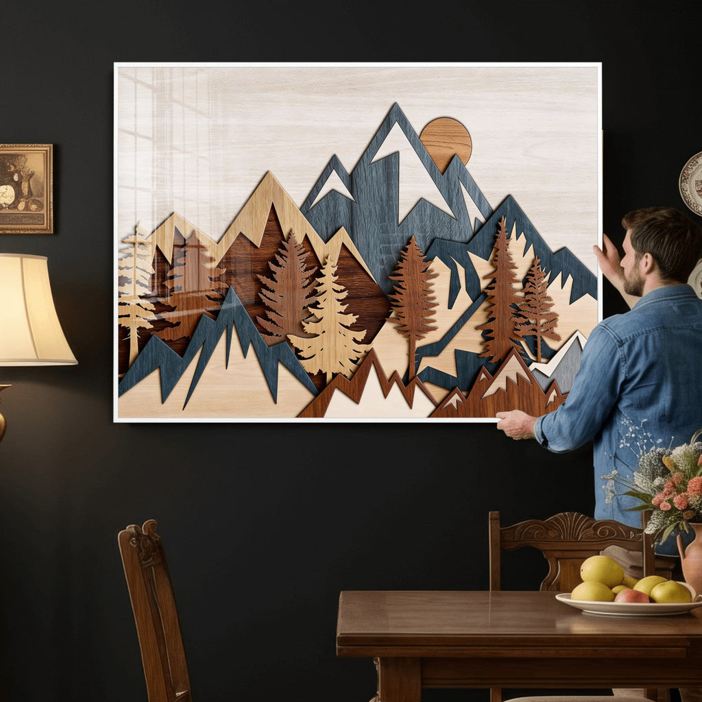 Rustic Abstract Wood Panel Effect Canvas | Mountain Range Top Wood Wall Art Canvas Print