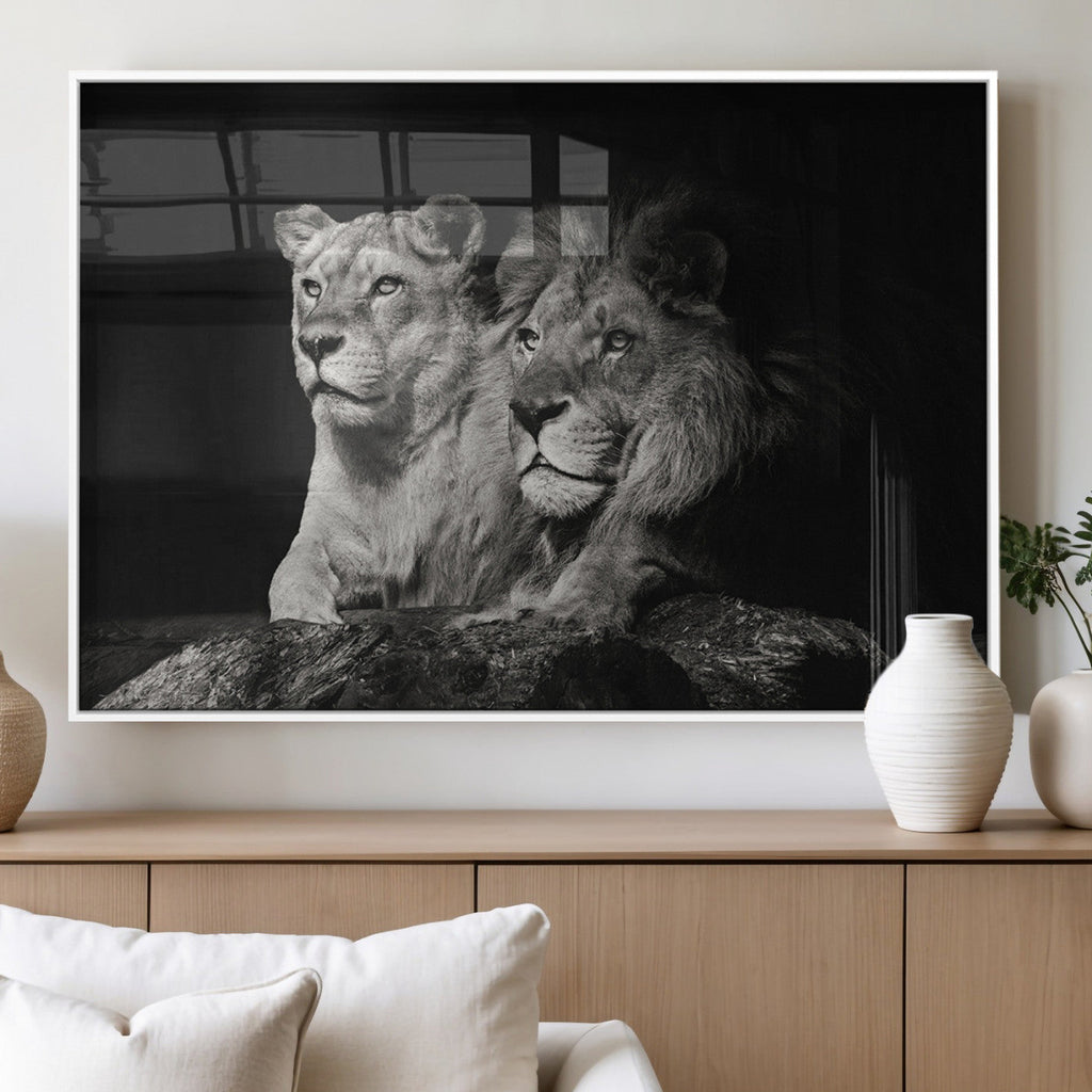 Lion Couple Wall Art Canvas Print, Elegant Black and White Wildlife Portrait