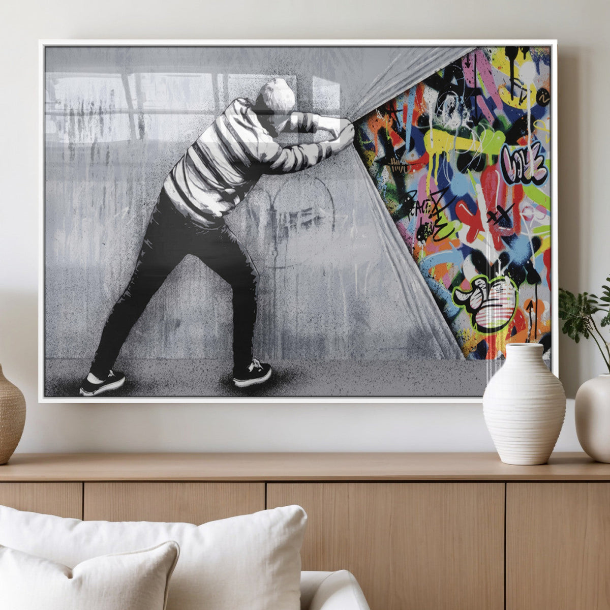 Banksy Art Behind the Curtain Street Wall Art Canvas Print | Urban Graffiti Style Wall Decor