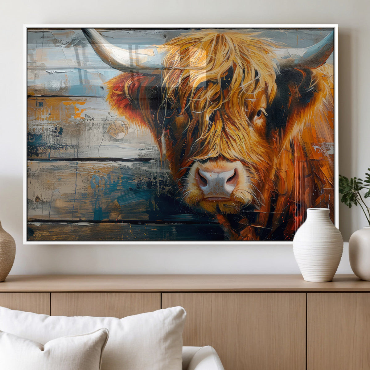 Highland Cow Abstract Canvas Wall Art, Bold Farmhouse Decor