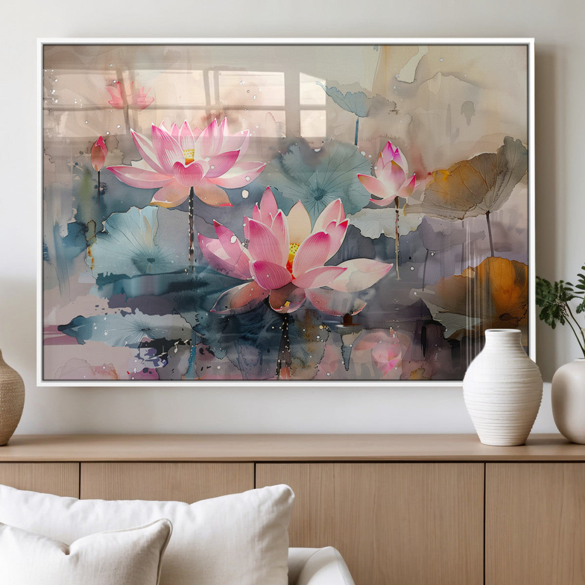 Lotus Flower Wall Art | 3 Panel Giclee Canvas Print of Pink Lotus Blossoms