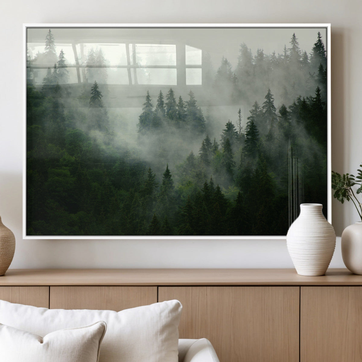 Misty Forest Wall Art | Tranquil Green Woodland Canvas Print
