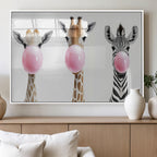 Bubblegum Animals Canvas Wall Art, Playful Giraffe and Zebra Trio, Whimsical Nursery and Kids Room Decor