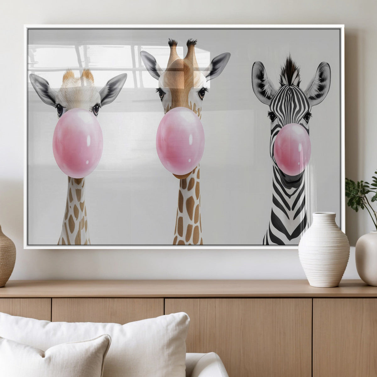 Bubblegum Animals Canvas Wall Art, Playful Giraffe and Zebra Trio, Whimsical Nursery and Kids Room Decor