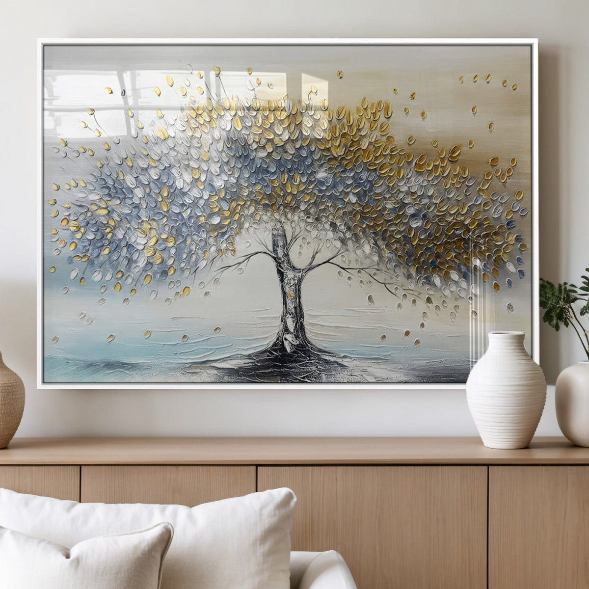 Golden and Silver Tree Wall Art | Framed Elegant Leaves Canvas