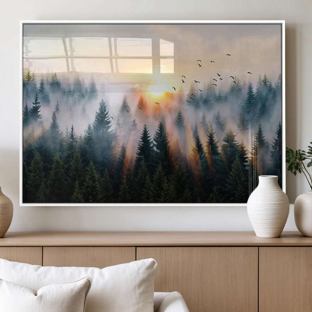 Abstract Forest Wall Art, Serene Nature Canvas Print with Misty Forest Design for Modern Home Decor