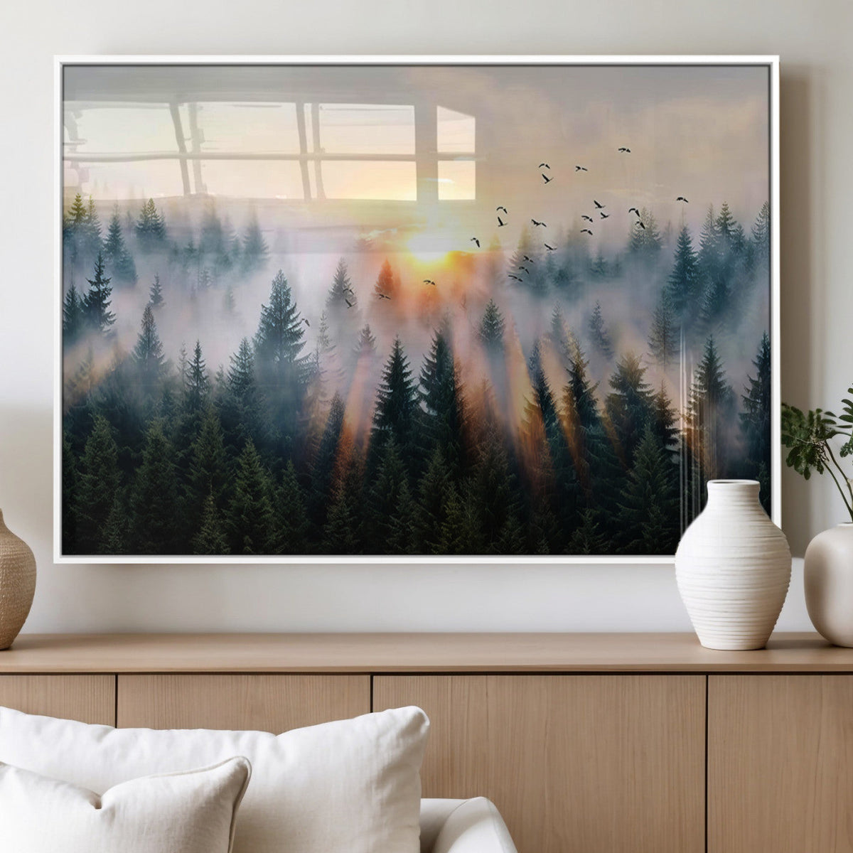 Abstract Forest Wall Art, Serene Nature Canvas Print with Misty Forest Design for Modern Home Decor