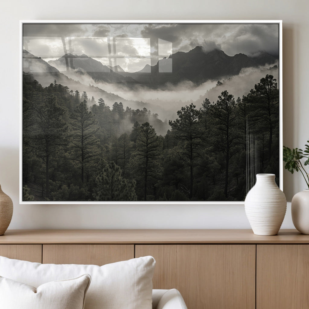 Moody Forest Wall Art | Framed Mountain Fog Canvas Artwork