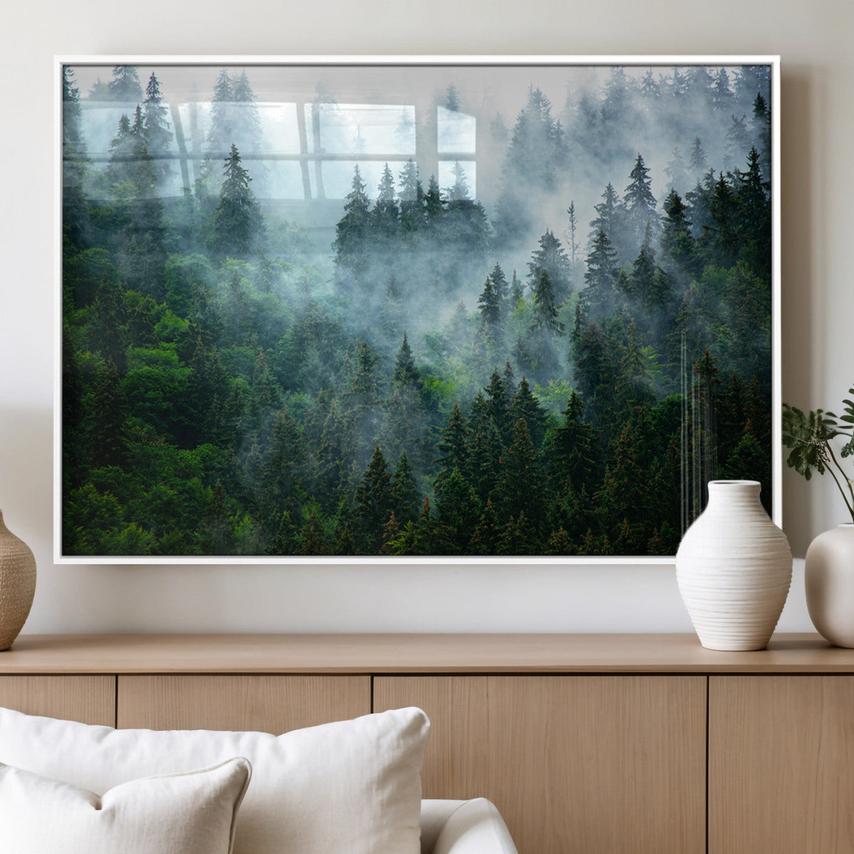 Misty Forest Wall Art Canvas Print, Framed Foggy Mountain Art, Large Scenic Woodland Canvas