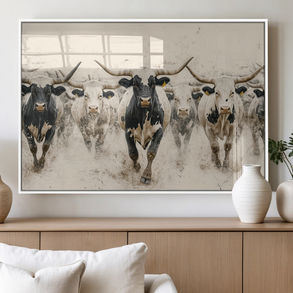 Texas Longhorn Wall Art | Framed Cattle Walking Canvas