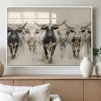 Texas Longhorn Wall Art | Framed Cattle Walking Canvas