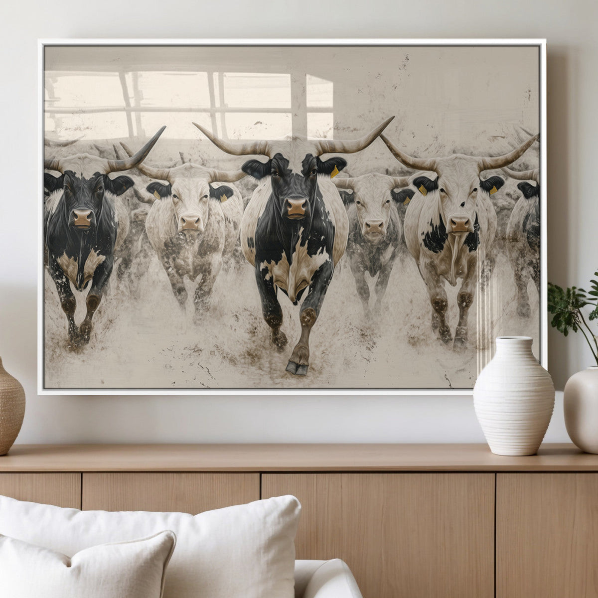 Texas Longhorn Wall Art | Framed Cattle Walking Canvas