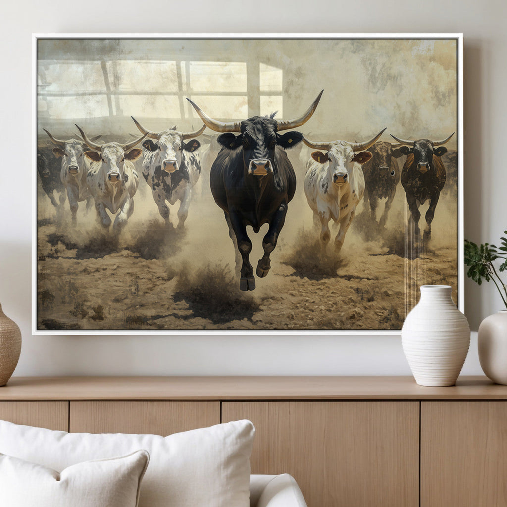 Texas Longhorn Wall Art | Framed Charging Cattle Canvas