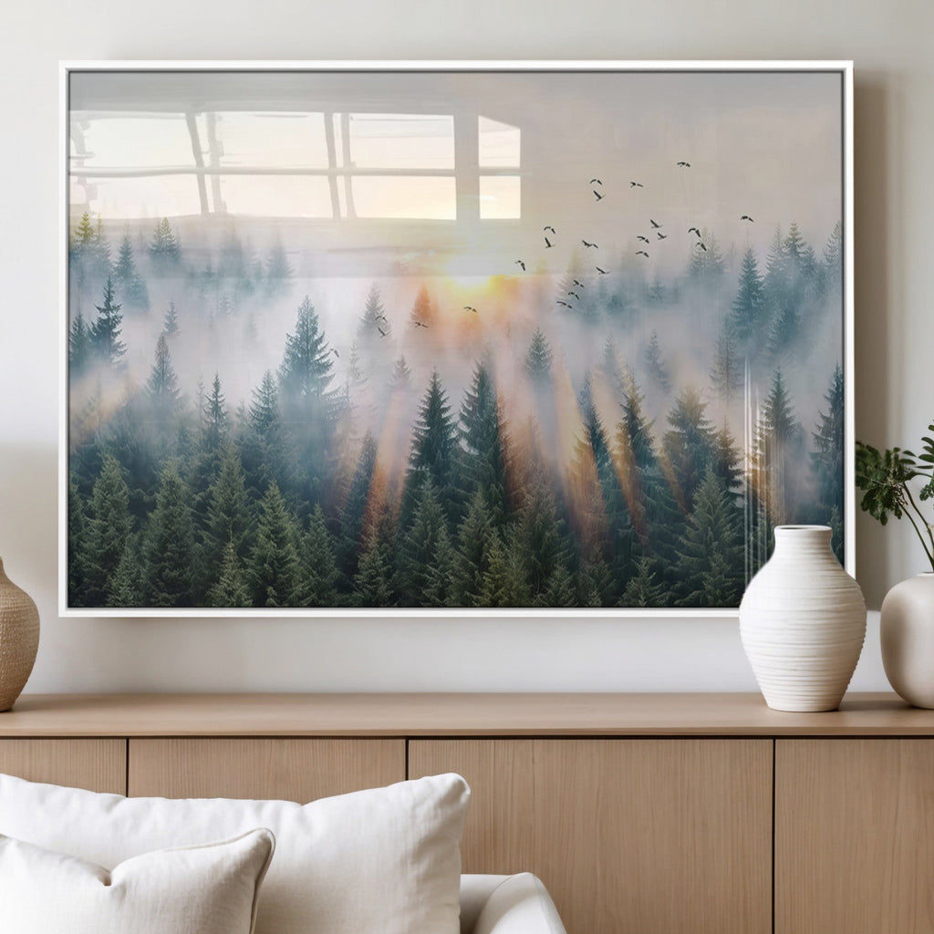 Misty Pine Forest Wall Art Canvas, Sunrise Over Foggy Trees