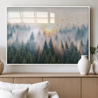 Misty Pine Forest Wall Art Canvas, Sunrise Over Foggy Trees