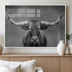 Texas Longhorn Wall Art Canvas Print, Framed Western Bull Photography, Rustic Log Cabin Decor