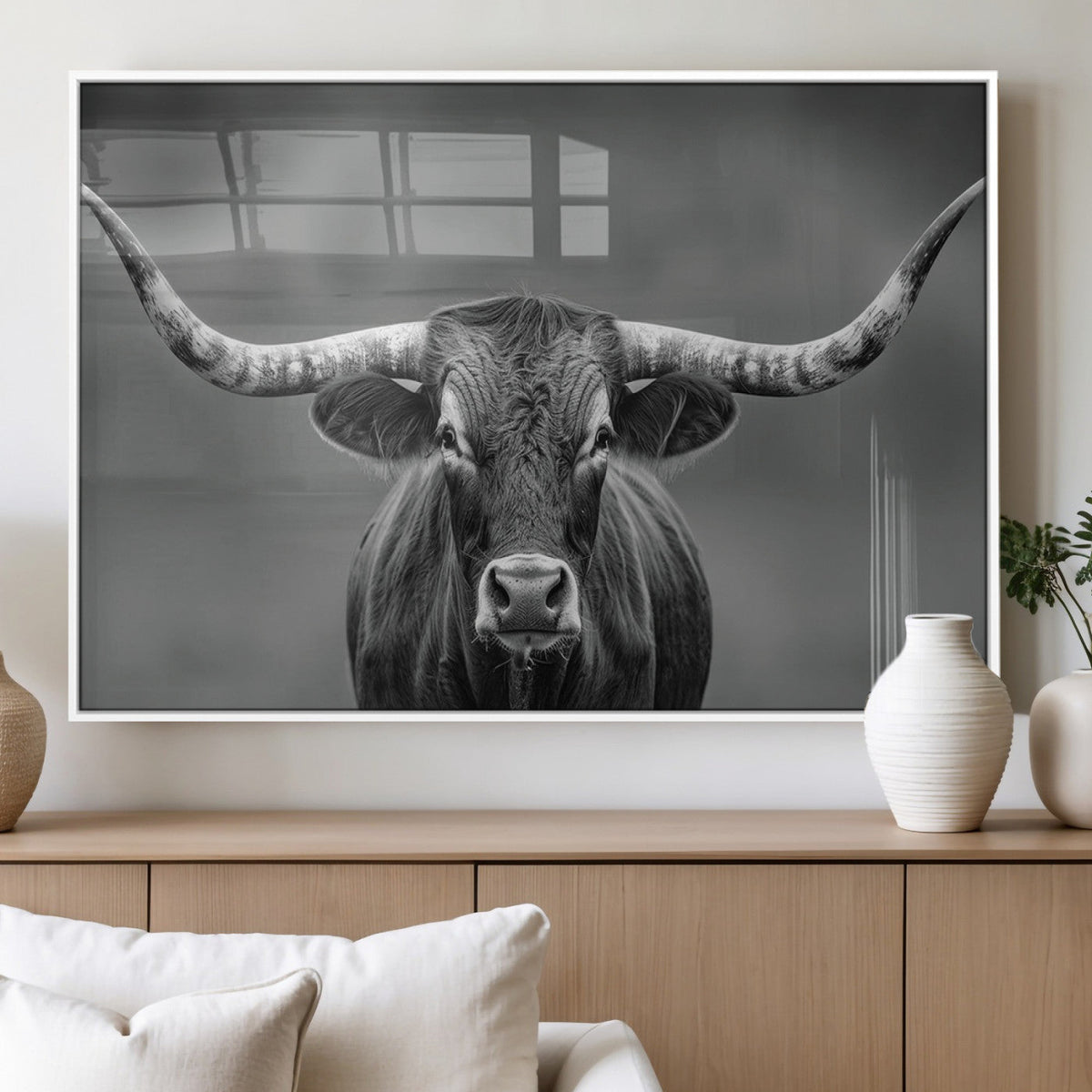 Texas Longhorn Wall Art Canvas Print, Framed Western Bull Photography, Rustic Log Cabin Decor