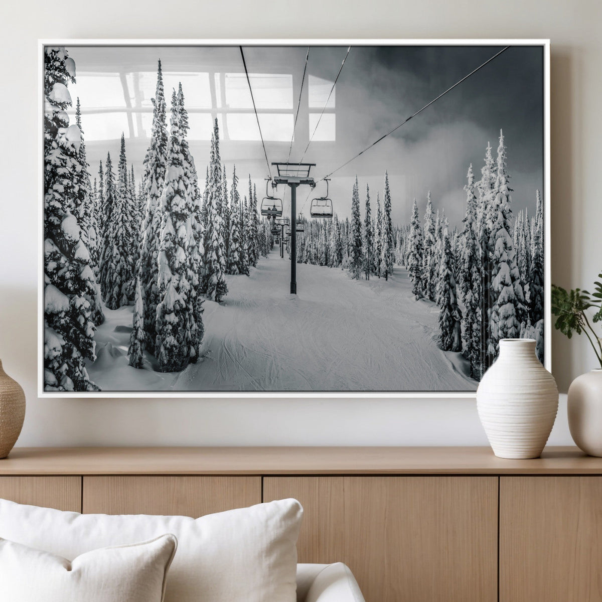 Snowy Pines Wall Art Canvas Print | Ski Lift in a Winter Forest