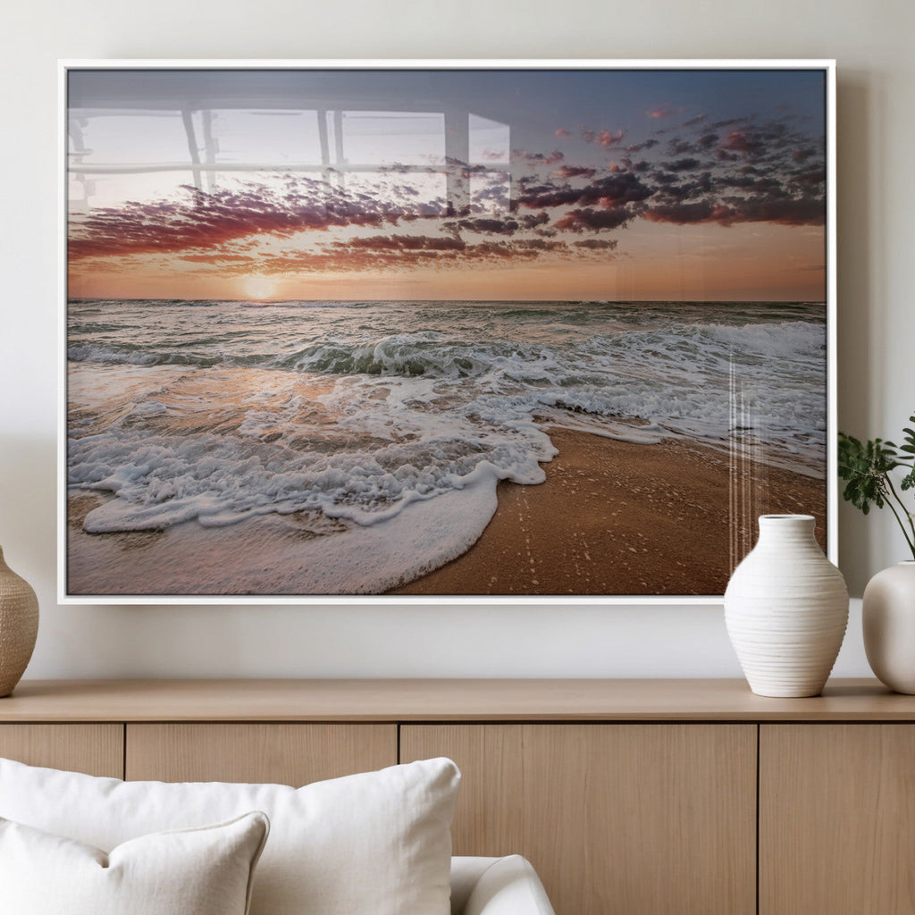 Ocean Sunset Wall Art Canvas Print | Sandy Shore and Gentle Waves
