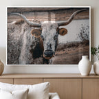Texas Longhorn Wall Art Canvas Print | Framed Brown and White Spotted Longhorn