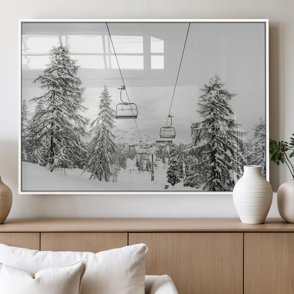Snowy Ski Lift Wall Art | Framed Winter Forest Canvas