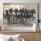 Running Horses Wall Art Canvas Print, Framed Monochrome Galloping Herd Sketch