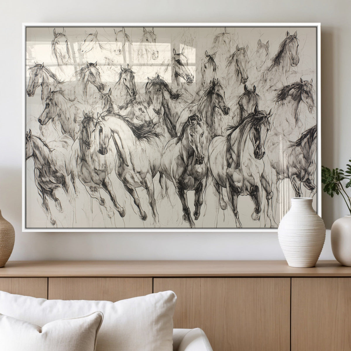 Abstract Horse Wall Art Canvas Print, Framed Horse Sketch with Galloping Herd