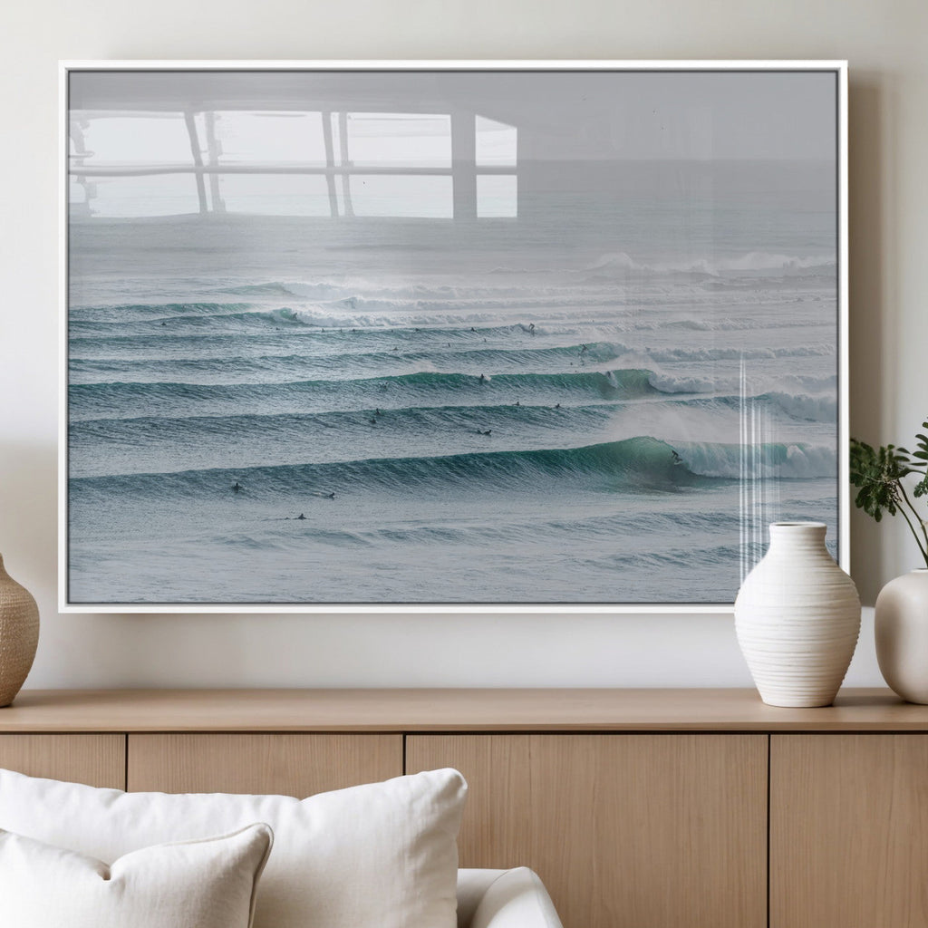 Ocean Waves Wall Art Canvas Print, Framed Surfer Lineup on a Crowded Ocean