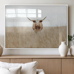 Texas Longhorn Wall Art Canvas Print, Framed Lone Cattle and Longhorn Bull Scene
