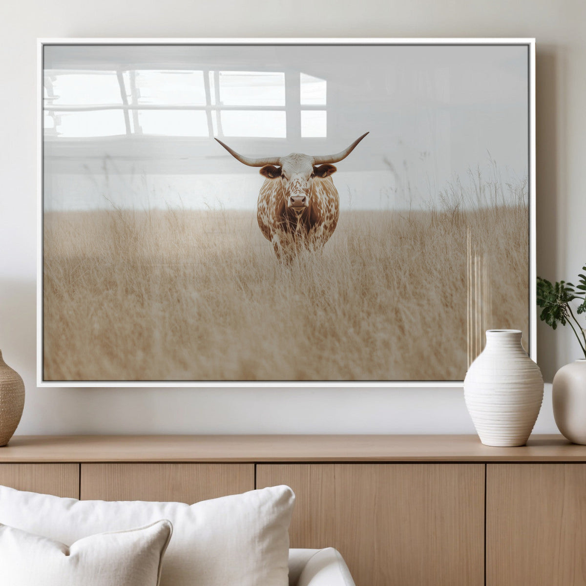 Texas Longhorn Wall Art Canvas Print, Framed Lone Cattle and Longhorn Bull Scene
